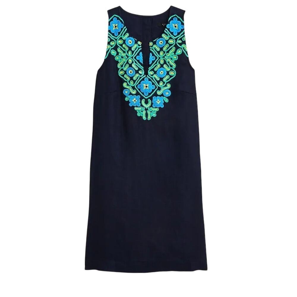 J Crew Linen Shift Dress Sleeveless Embroidered Mini Navy Blue Petite Womens SP